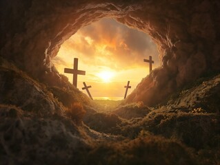 Crucifixion and Resurrection. Empty tomb of Jesus with crosses in the background. Easter or...