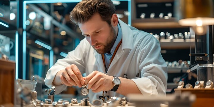 Dedicated craftsman meticulously repairing a watch. the focus and precision of skilled labor. professional watchmaker at work. crafting excellence. AI