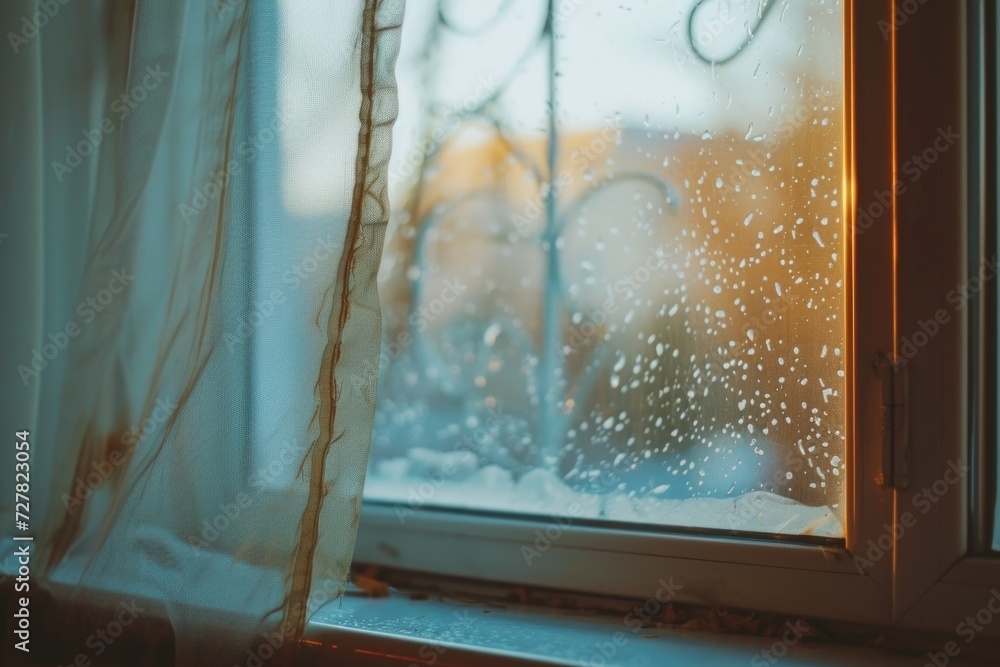 Poster water droplets on a window, creating a close-up view. can be used to depict rain, condensation, or a