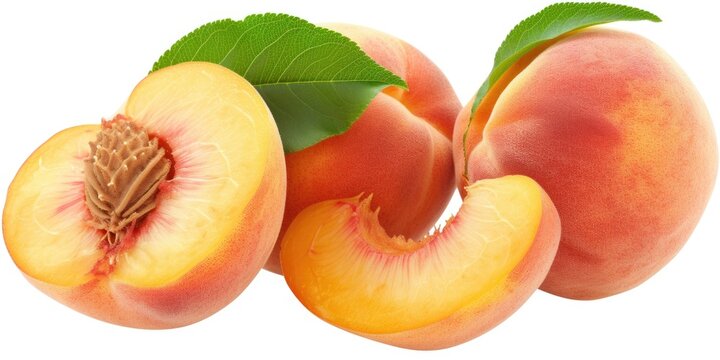 A group of peachs, with one peach cut in half. This image can be used to showcase fresh fruits, healthy eating, or summer desserts
