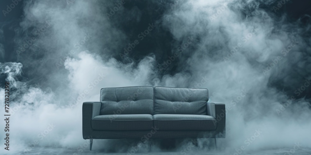 Poster a picture of a couch placed in the center of a cloud of smoke. can be used to depict a mysterious or