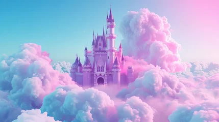 Fototapeten A 3D model of a castle from a fairy tale including cotton candy clouds © Suleyman