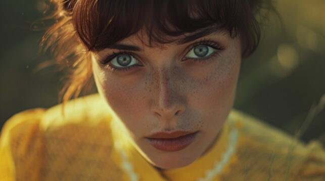 A close-up view of a woman's face showing her freckles. This image can be used to represent natural beauty or for skincare and makeup-related concepts
