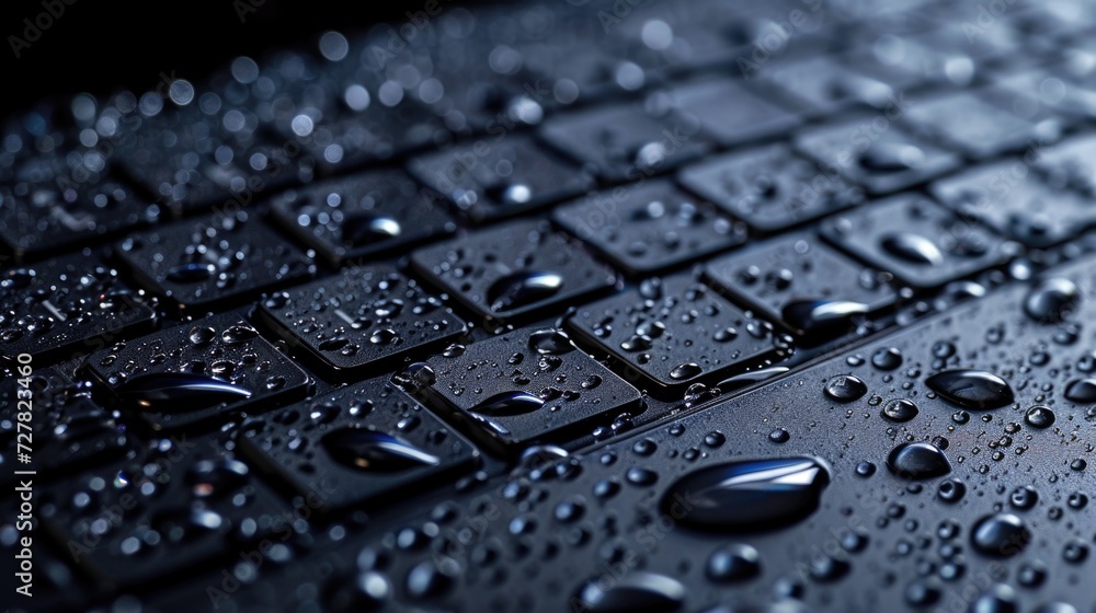 Poster computer keyboard with water droplets. suitable for technology, water damage, or water-related conce