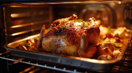 Fototapeta premium A delicious roasting chicken in an oven with tender potatoes and flavorful herbs. Perfect for a hearty meal or special occasion