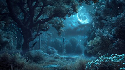 Obraz premium An exquisite woodland charmed by a story, illuminated by a large moon that highlights the lush greenery and trees.