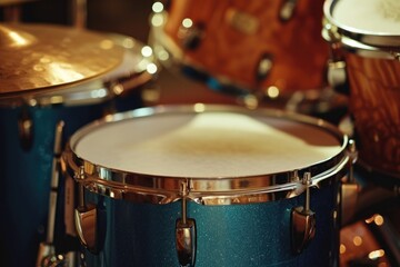 A detailed view of a blue drum and multiple drums. Suitable for music-related projects and advertisements