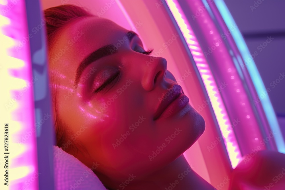 Poster a woman is seen laying down in a soft pink light. perfect for creating a dreamy and relaxing atmosph