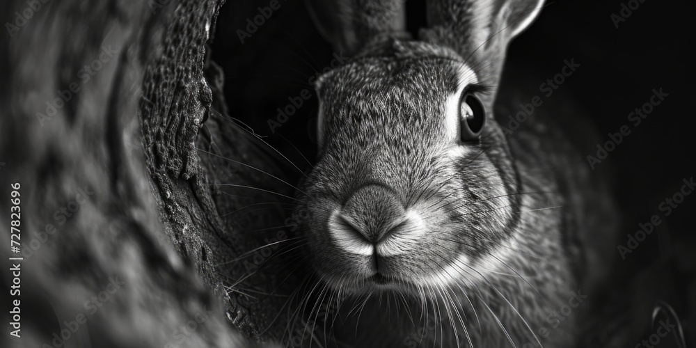 Wall mural A black and white photo of a rabbit. Suitable for various uses