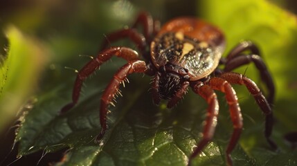 A close-up photograph of a spider sitting on a leaf. This image can be used to illustrate nature, wildlife, or macro photography.