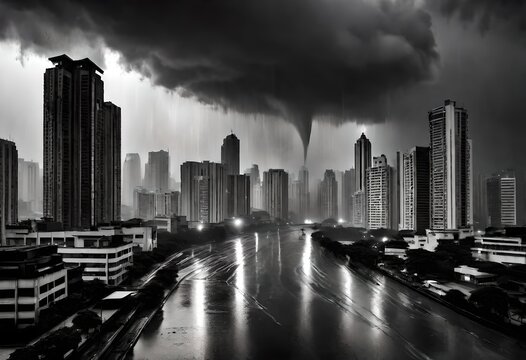 The image is actually a black and white photo of a city skyline during a heavy rain storm.  Dark, dramatic clouds fill the sky above the city, and rain streaks down the windows of the skyscrapers.