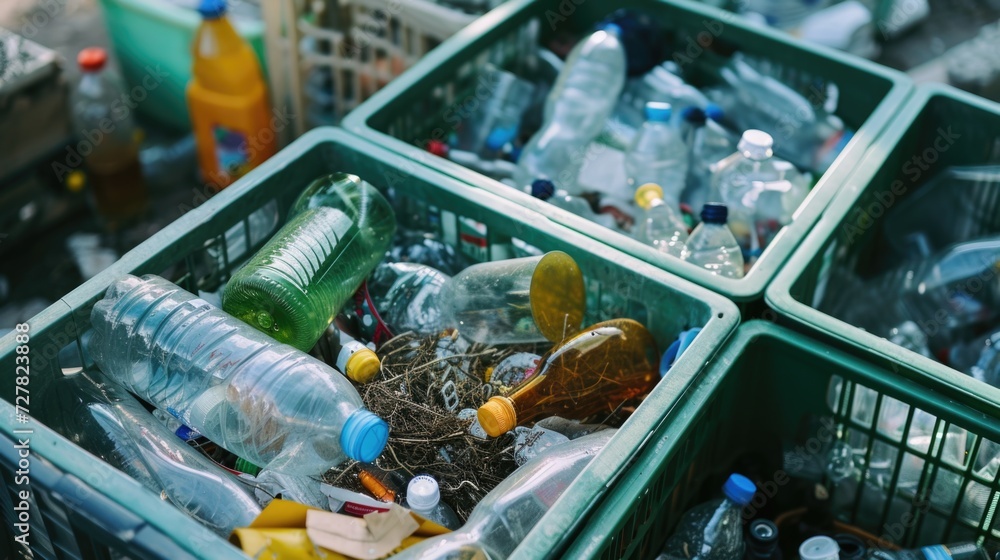 Poster a collection of discarded plastic bottles in a bin. can be used to highlight the issue of plastic wa