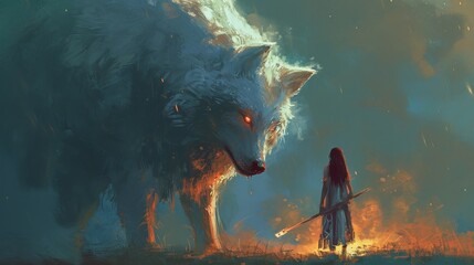 Digital art style illustration painting of a woman holding a magic spear in front of her guardian wolf - obrazy, fototapety, plakaty