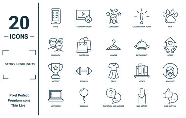 story highlights linear icon set. includes thin line date, children, victory, notebook, like button, hanger, account icons for report, presentation, diagram, web design