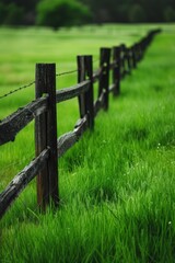 Fototapeta premium A wooden fence standing in the middle of a serene grassy field. Perfect for nature and rural themes