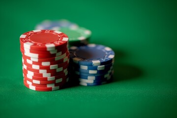 Colorful Poker Chips Stacked on Green Felt Casino Table for Gambling and Betting