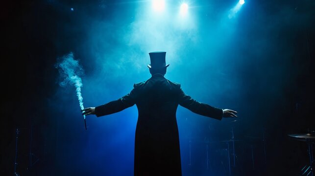 Back view of a man performing magic tricks on a dark stage in a circus while wearing a suit and top hat.