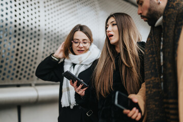 Young professionals engage in a business discussion on a cold, snowy day, using smart phones to communicate and work effectively.