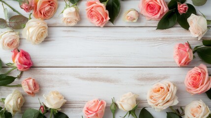 Elegant pink and white roses arrangement on a rustic whitewashed wooden background