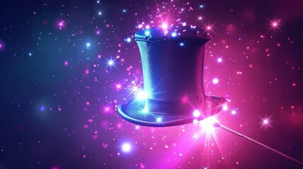 Circus show or funfair carnival poster with magician illusionist, top hat, and magic wand trick with sparkling light. - obrazy, fototapety, plakaty
