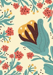 Colorful, bright summer retro background. Abstract pattern with leaves, flowers, figure with texture. trendy print with tulips in modern style. A4 size poster for print,  banner.  art illustration.