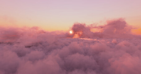 Sea of clouds. View from airplane. Sunset sky and orange clouds. 3D rendering.