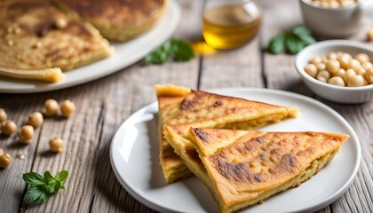 Homemade Farinata or Socca, chickpea pancake, traditional Italian snack. Baked garbanzo flour pancake. Cut in to triangle. Close-up on a white plate on the wooden table.