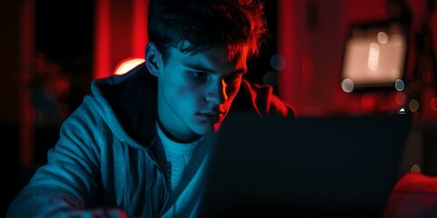 Focused man working on a laptop in a dimly lit room, exuding concentration and determination. modern technology use at night. AI