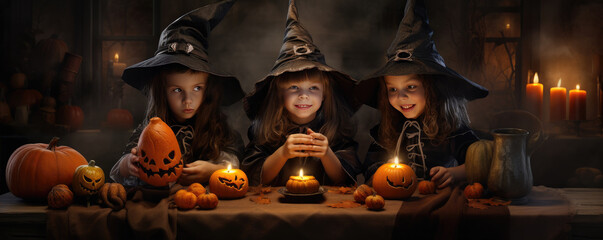 Children in scary halloween costumes with halloween pumpkins. Halloween concept. Halloween backgorund.