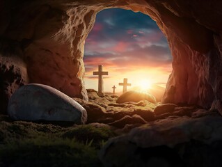 Crucifixion and Resurrection. Empty tomb of Jesus with crosses in the background. Easter or Resurrection concept. He is Risen. - obrazy, fototapety, plakaty