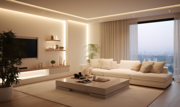 Creamy modern living room. Minimalist style interior design.