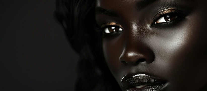 portrait, black woman's face on a black background, close-up, fashion photography. Fashion model girl. Black girl model with gold makeup, on black background, fashion magazine cover