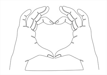 Single one line drawing hands making sign or symbol heart by fingers. Beautiful hands with copy space. Love concept with hand gestures. Modern continuous line draw design graphic vector illustration