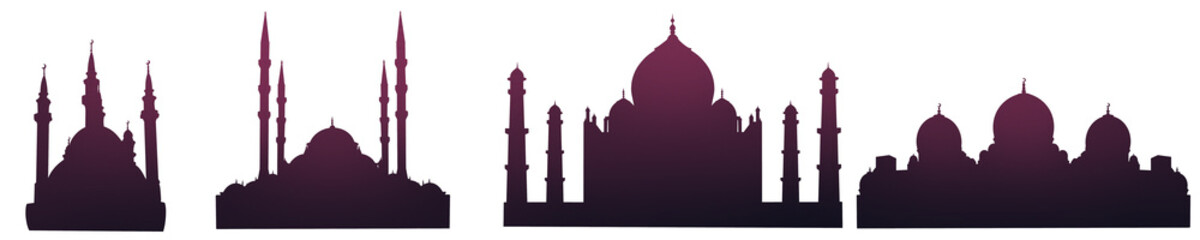 Silhouette of pink red gradations of the mosque. Muslim symbol for Ramadan mosque silhouette. Muslim graphic design mosque for ramadan, eid al fitr, eid mubarak.