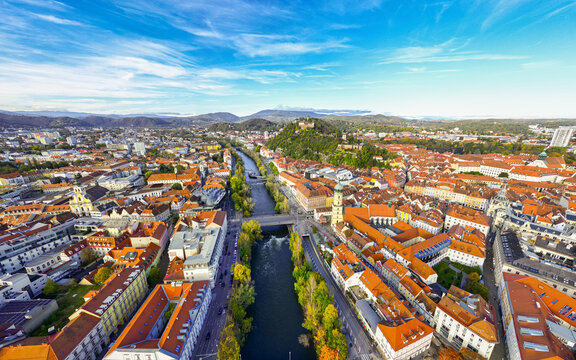 Panorama view of Graz city in Austria with the historic city centre and the Schlo&szlig;berg hill
