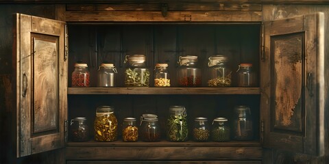 Vintage cabinet displaying collection of preserved foods in glass jars. rustic home decor style. perfect for culinary themes. AI