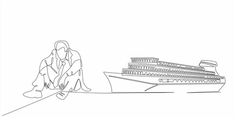 continuous line sad man wants to buy a ship