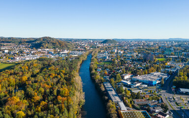 Aerial city view of Graz, Styria, Austria. The river Mur leading through the city centre