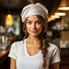 Portrait of a young beautiful girl in cook's clothes against the background of food and industrial cuisine. The cook in the restaurant.