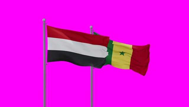 Republic of Senegal and Yemen flag waving with colored chroma key for easy background remove, endless seamless loop, two country cooperation concept