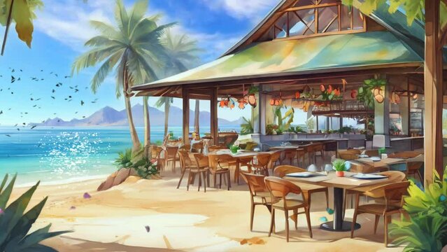 restaurant on tropical beach with sea and trees in summer holiday. Cartoon or anime watercolor digital painting illustration style. seamless looping 4k video animation background