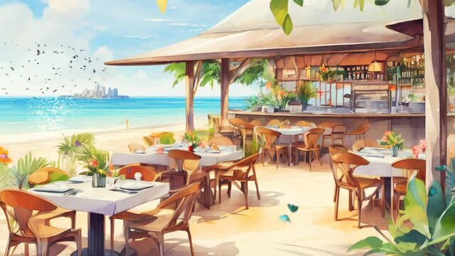 restaurant on tropical beach with sea and trees in summer holiday. Cartoon or anime watercolor digital painting illustration style. seamless looping 4k video animation background