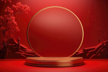 golden podium on a red background for the presentation of Chinese-style products, Chinese New Year