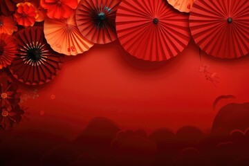 Obraz premium Chinese new year banner for product demonstration. Red pedestal or podium with folding fans, cloud and lanterns on red background.