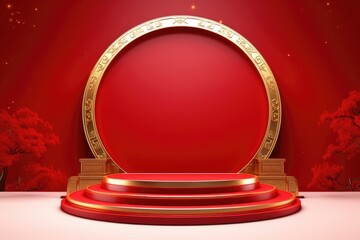 golden podium on a red background for the presentation of Chinese-style products, Chinese New Year