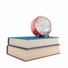3D rendering of an alarm clock on books on a white background
