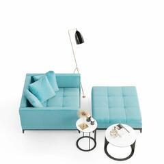3D rendering of a blue sofa on a white background