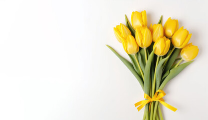 Bouquet of yellow tulips on white background, top view