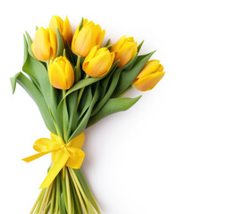  bouquet of yellow tulips on white background, top view