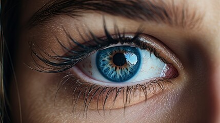 Blue eye of a young woman close up